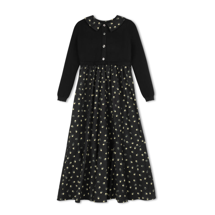 maxi dress printed cardigan with collar - black