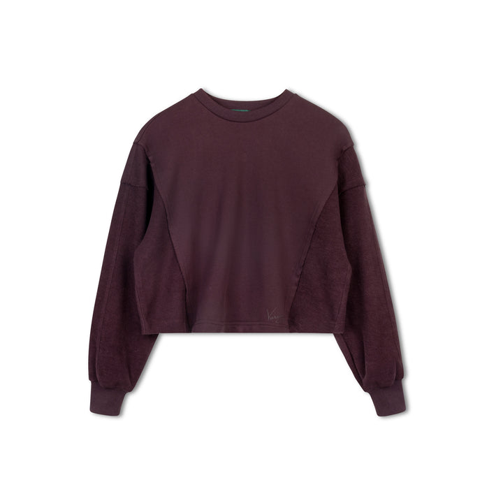top l/s cropped raw edge sweatshirt - burgundy