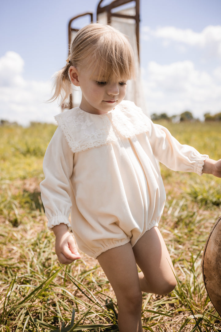 one piece velvet bubble with antique lace collar - cream