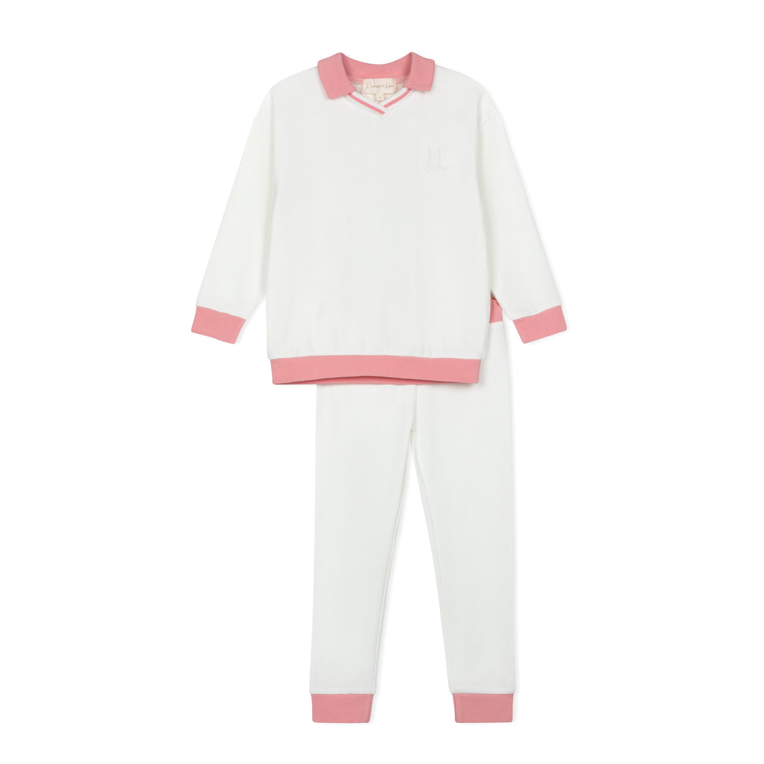 pajamas embossed logo polo top and pants - white/pink