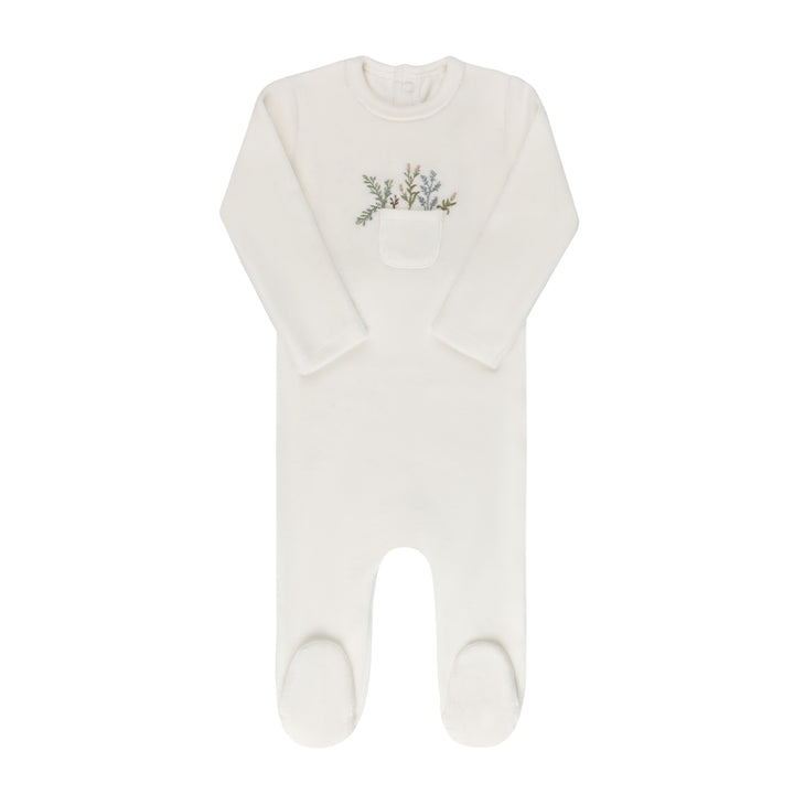 set footie velour pocket flowers with beanie and blanket - ivory/blue