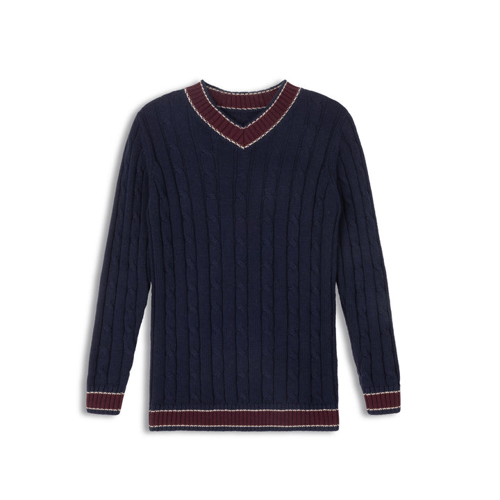 top l/s cable knit v sweater - navy/wine