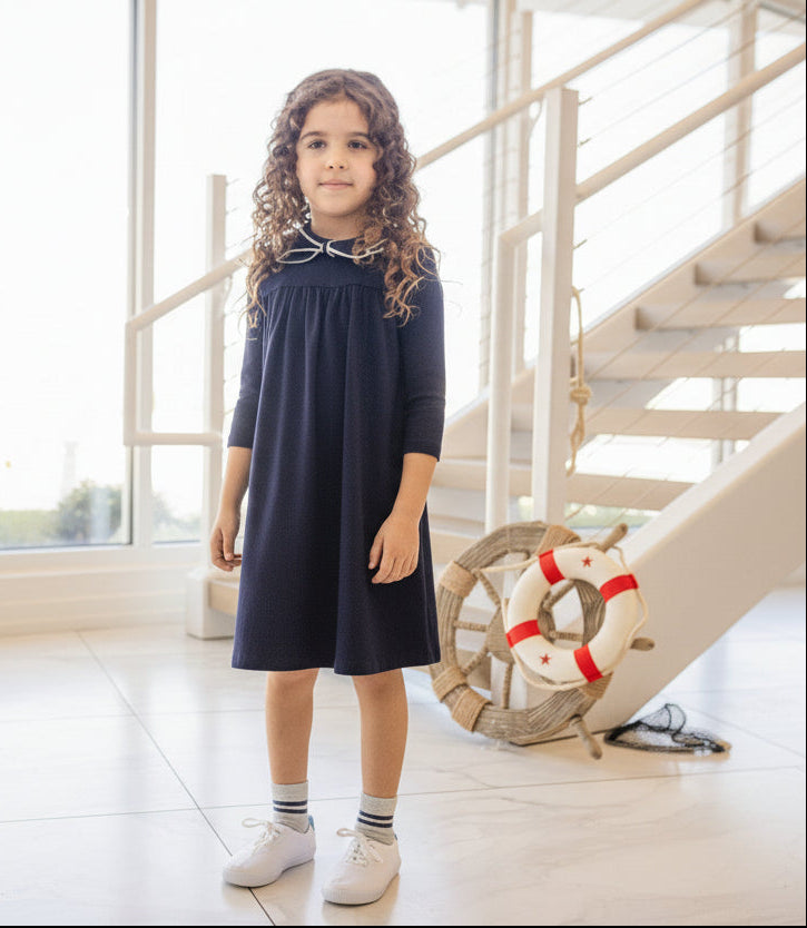dress 3/4 sleeve wheel patch with sailor collar - navy