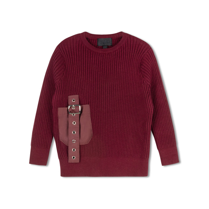 top l/s knit buckle pocket knit crew neck - wine