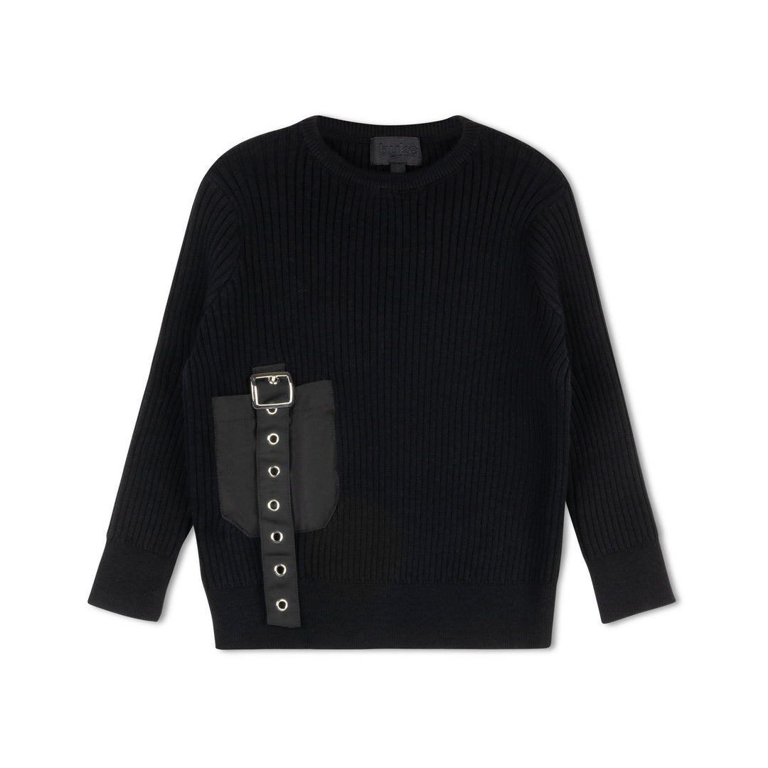 top l/s knit buckle pocket knit crew neck - black
