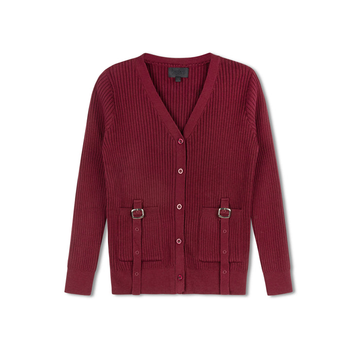 top l/s knit buckle cardigan - wine