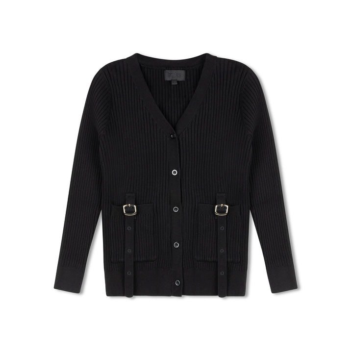 top l/s knit buckle cardigan - black