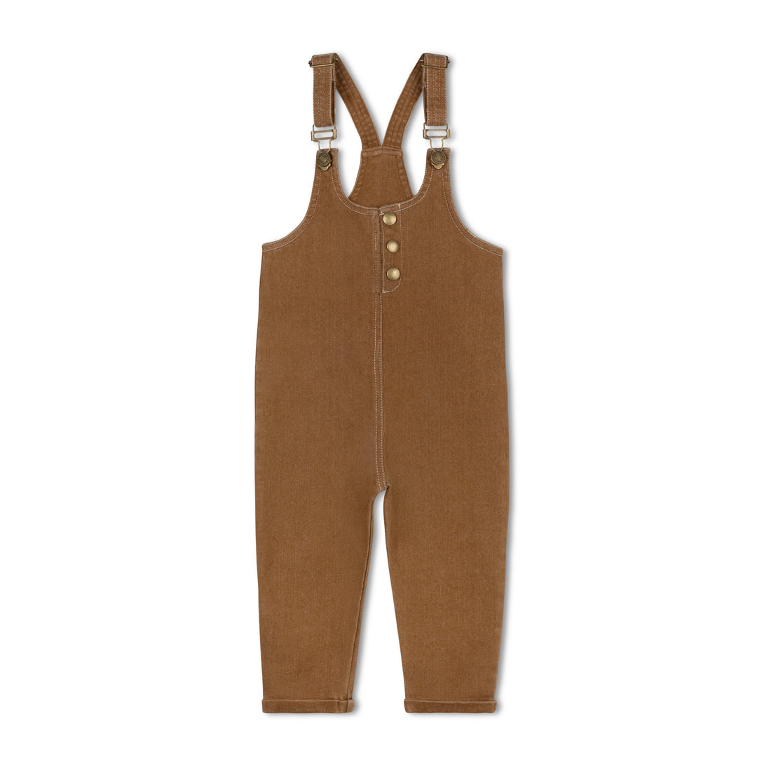one piece denim button long romper  - camel wash