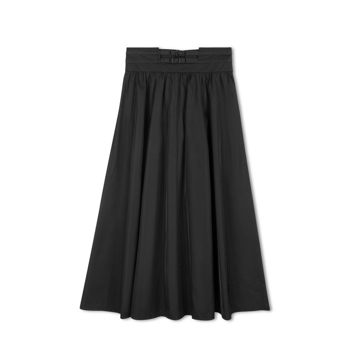 skirt midi taffeta circle with double buckle - black