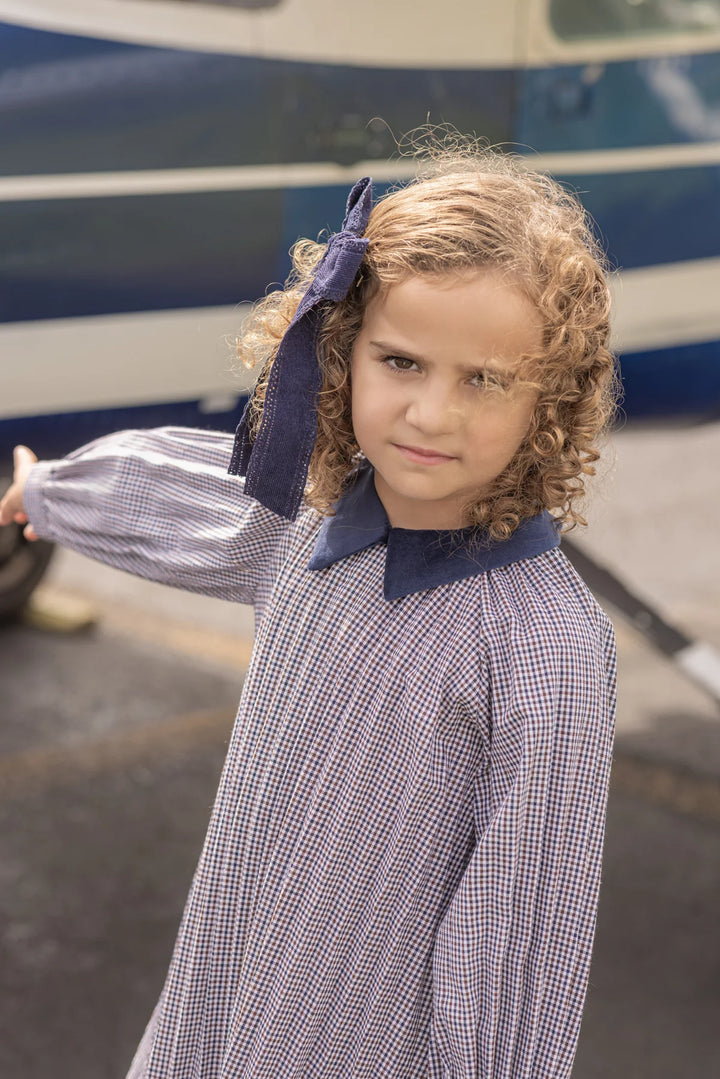 dress gingham flowy with velvet collar - navy