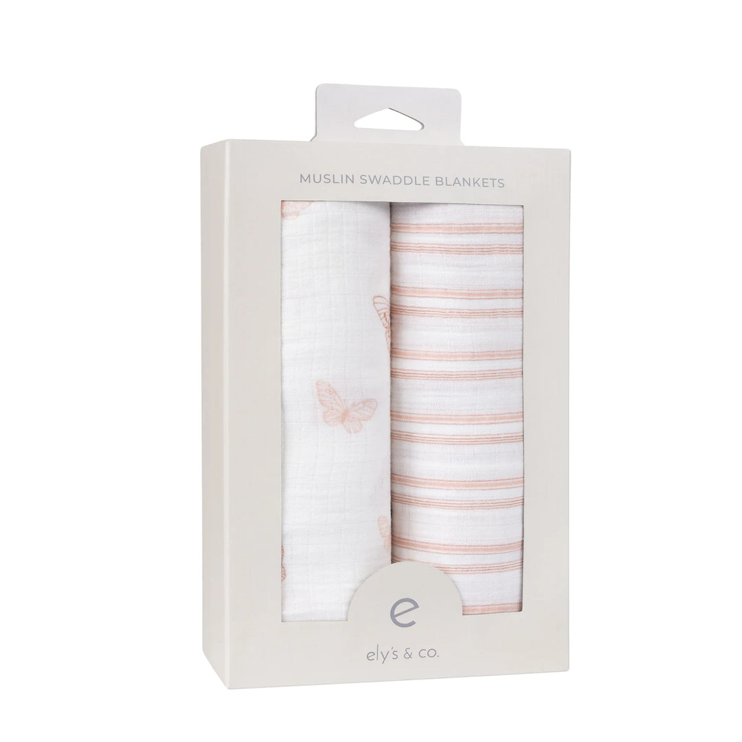 swaddle printed with striped muslin 2 pack - pink butterfly/strpd