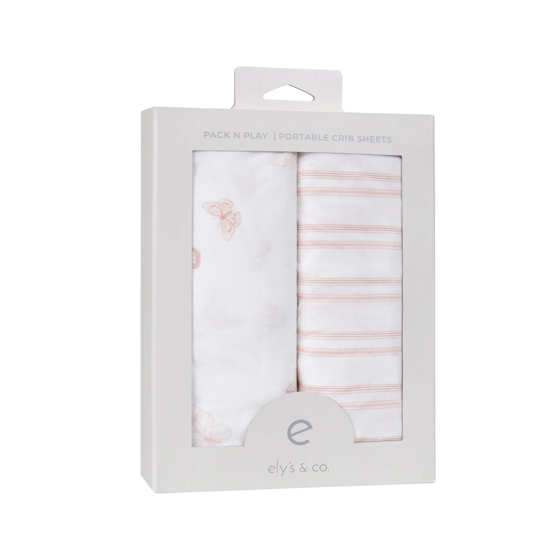 crib sheet butterfly with striped pack n play sheet 2 pack - pink butterfly/strpd