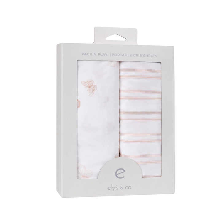 crib sheet butterfly with striped pack n play sheet 2 pack - pink butterfly/strpd