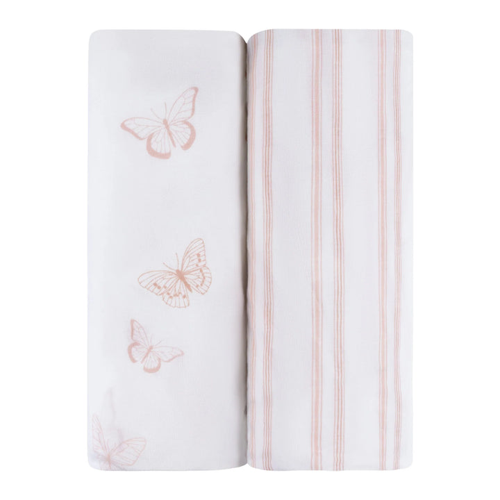crib sheet butterfly with striped pack n play sheet 2 pack - pink butterfly/strpd