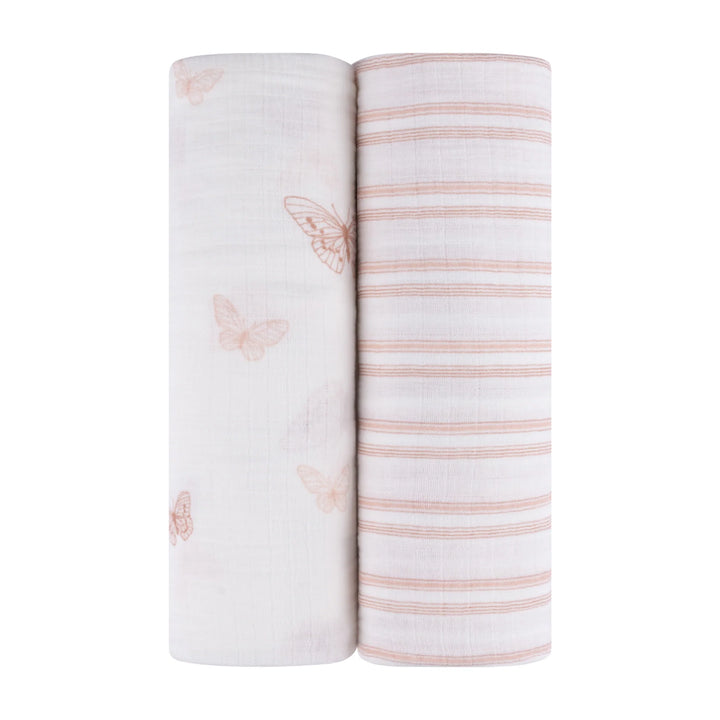 swaddle printed with striped muslin 2 pack - pink butterfly/strpd