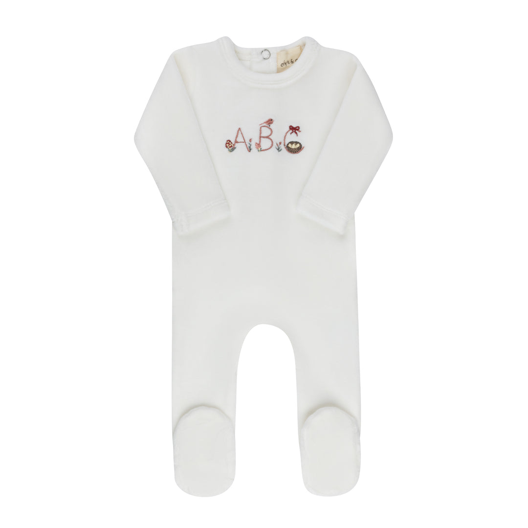 footie velour embroidered abc - ivory girl