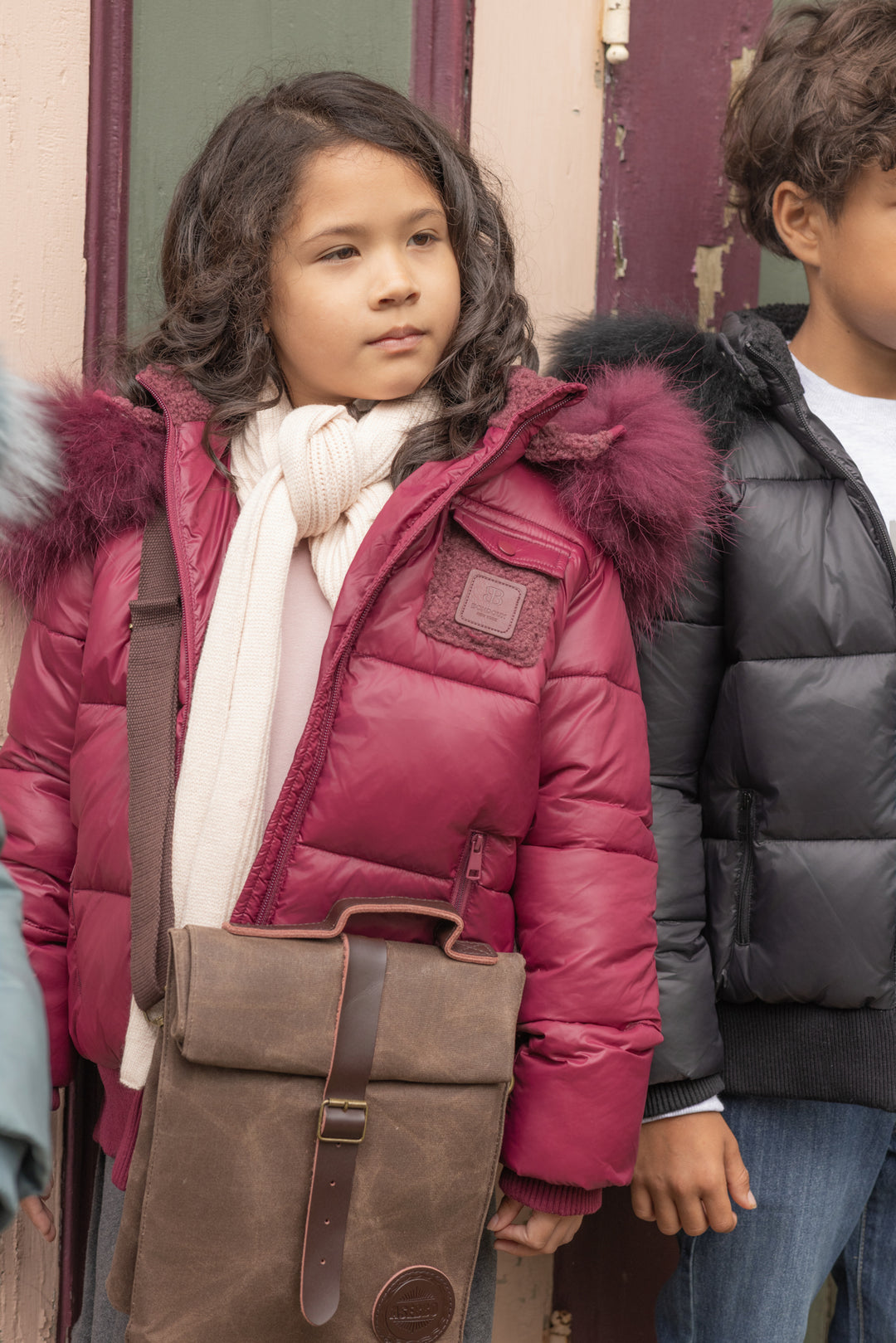 coat padded sherpa lining with fur hood - plum