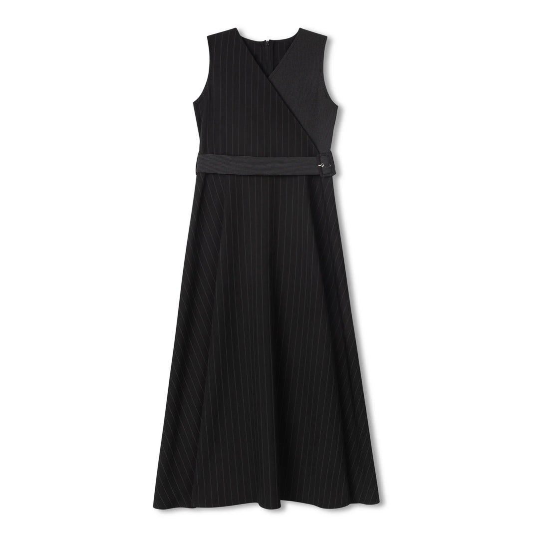dress midi pinstripe wrap jumper with belt - black