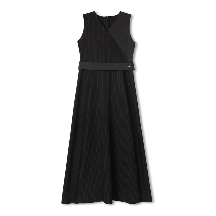 dress midi pinstripe wrap jumper with belt - black