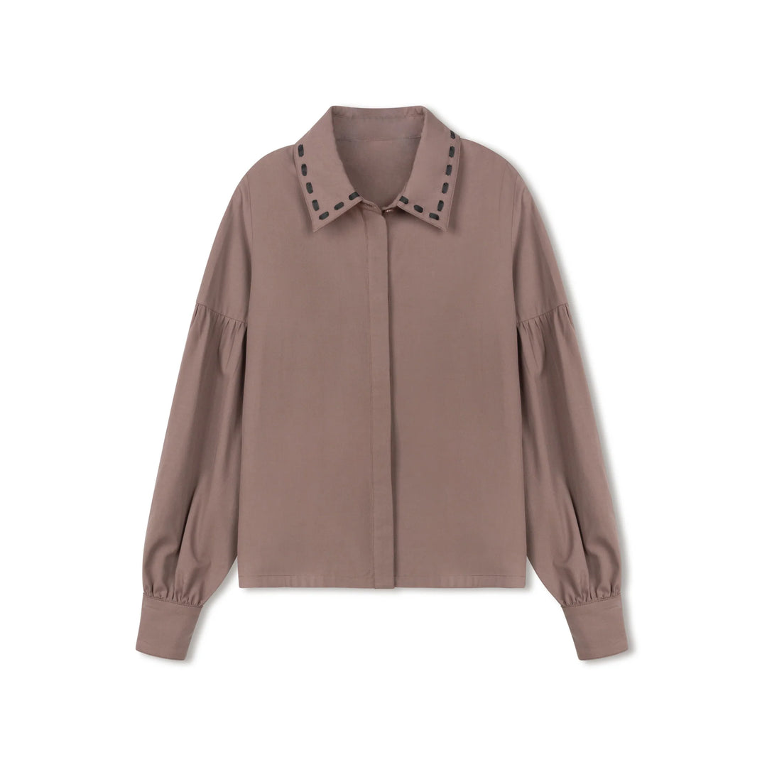 shirt l/s ribbon stitched collar - brown