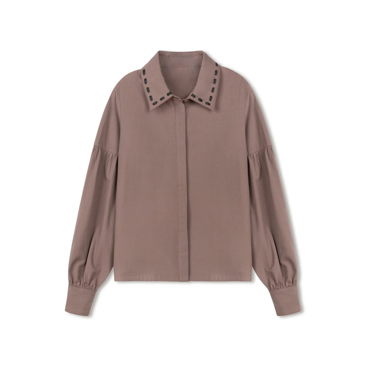shirt l/s ribbon stitched collar - brown