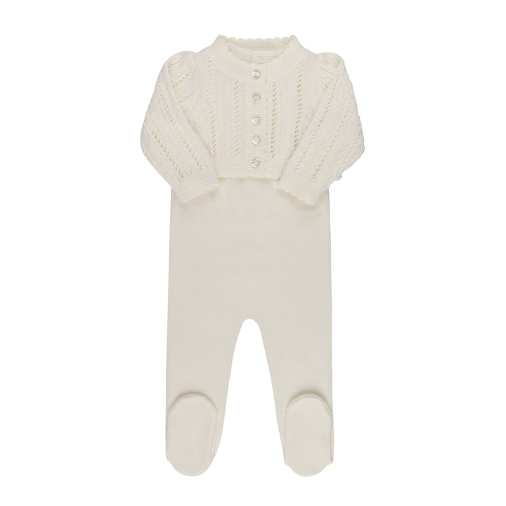 set knit footie with cable cardigan with bonnet and blanket - ivory