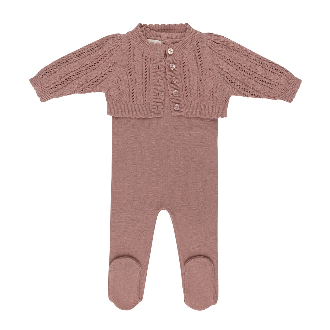 set knit footie with cable cardigan with bonnet and blanket - mauve