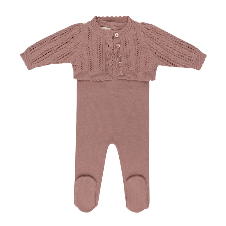 set knit footie with cable cardigan with bonnet and blanket - mauve