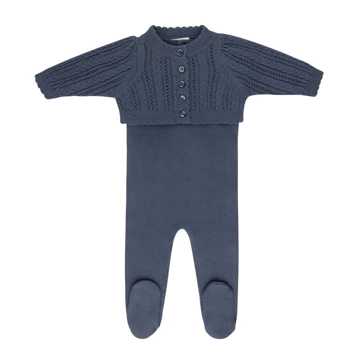 set knit footie with cable cardigan with bonnet and blanket - blue