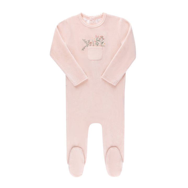 footie velour pocket flower - pink