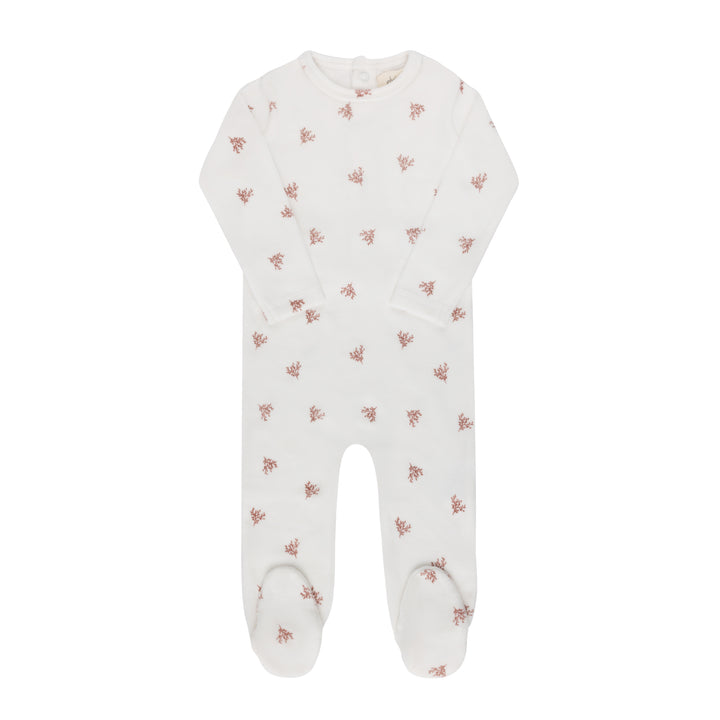 footie velour leaf print - ivory girl