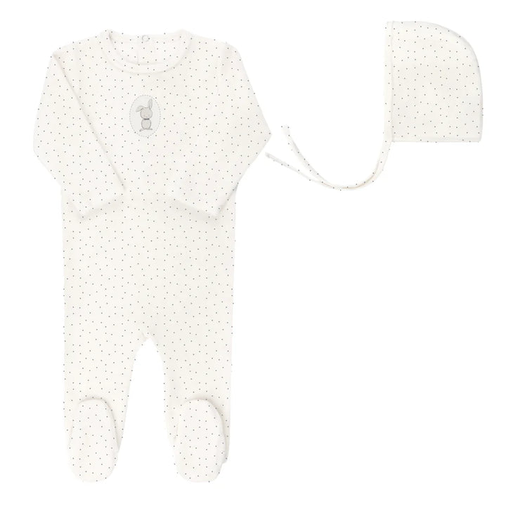 footie velour bunny pin dot with bonnet - ivory boy