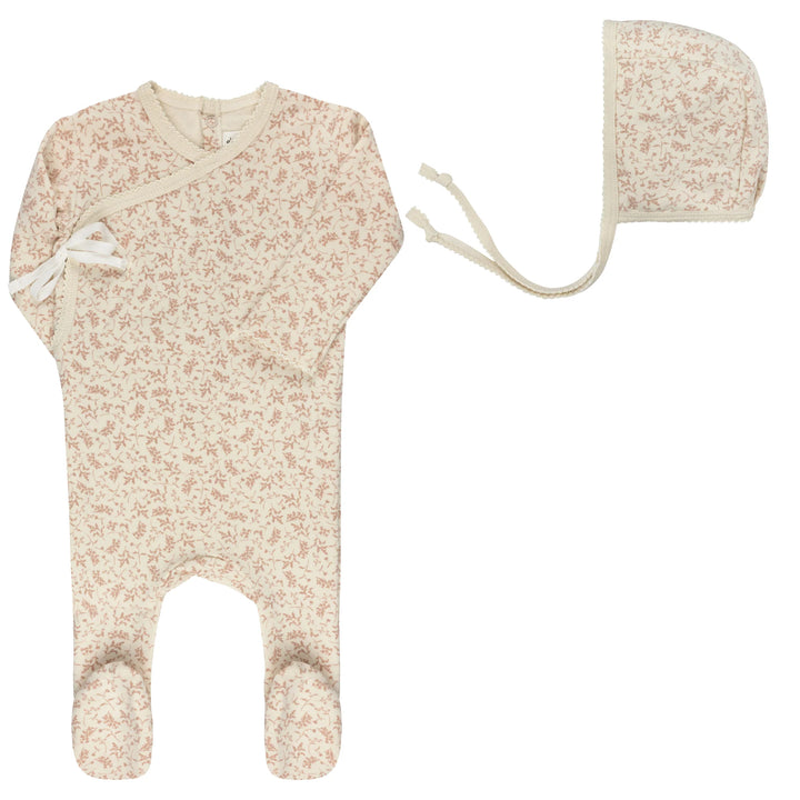 footie vine print with bonnet - pink