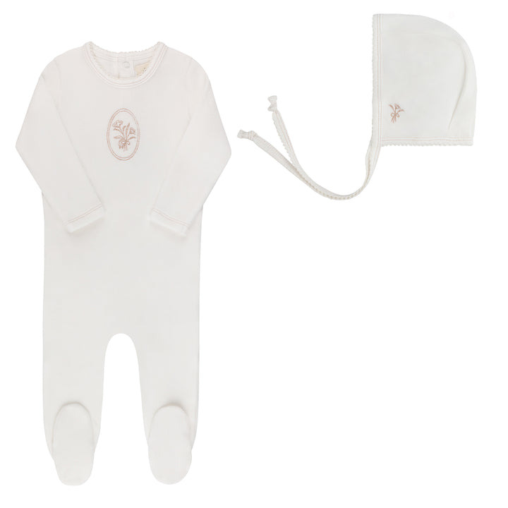 footie velour center floral with bonnet - ivory/rosegold