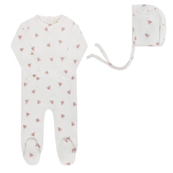 footie velour leaf print with beanie - ivory girl