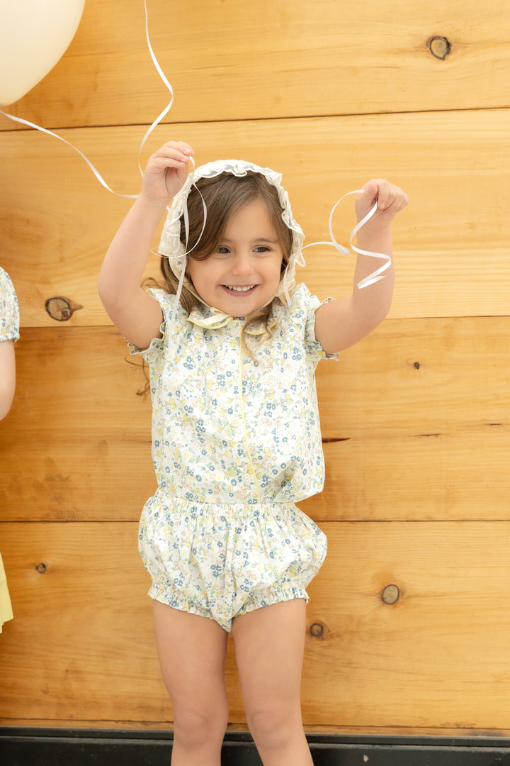 set outfit floral frill edge blouse and bloomer - yellow