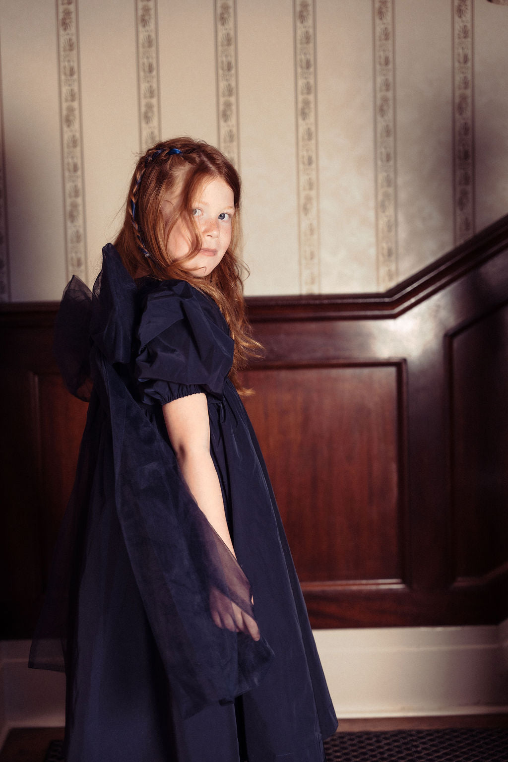 dress shiny taffeta tulle bow in back - blue
