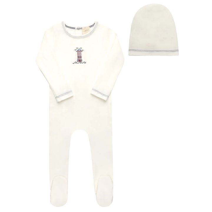 footie cross stitch lighthouse with beanie - ivory blue