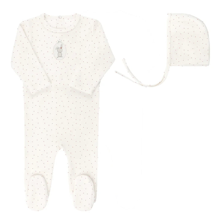 footie velour bunny pin dot with bonnet - ivory girl