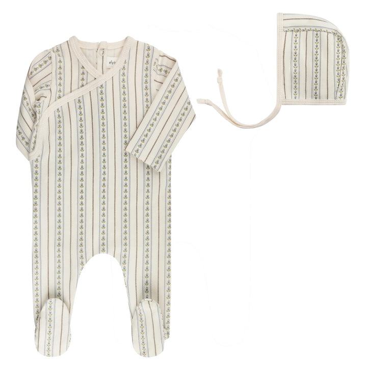 footie linear tulip with bonnet - ivory/blue