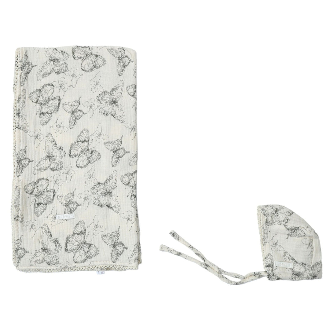 swaddle hand drawn butterfly print with bonnet - cream/green