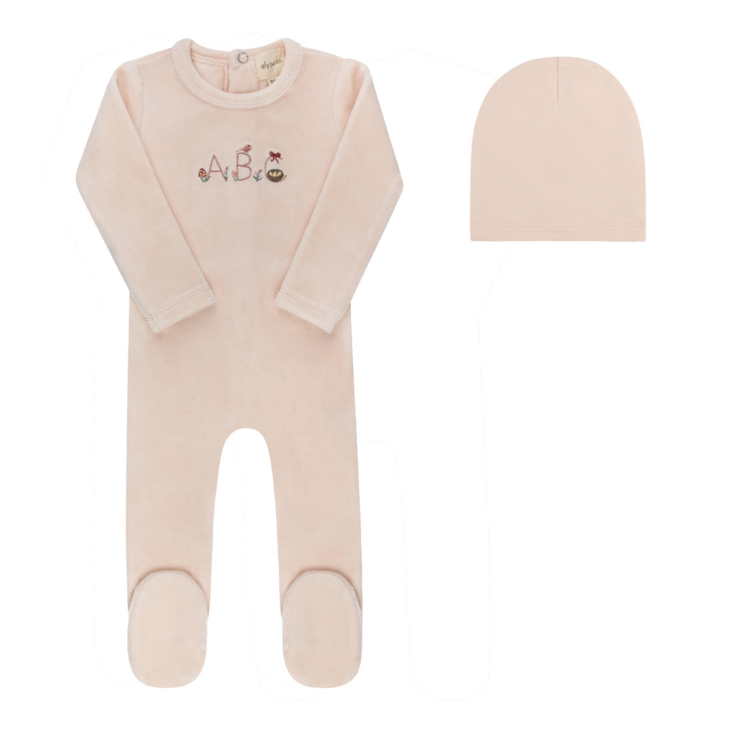 footie velour embroidered abc with beanie - pink