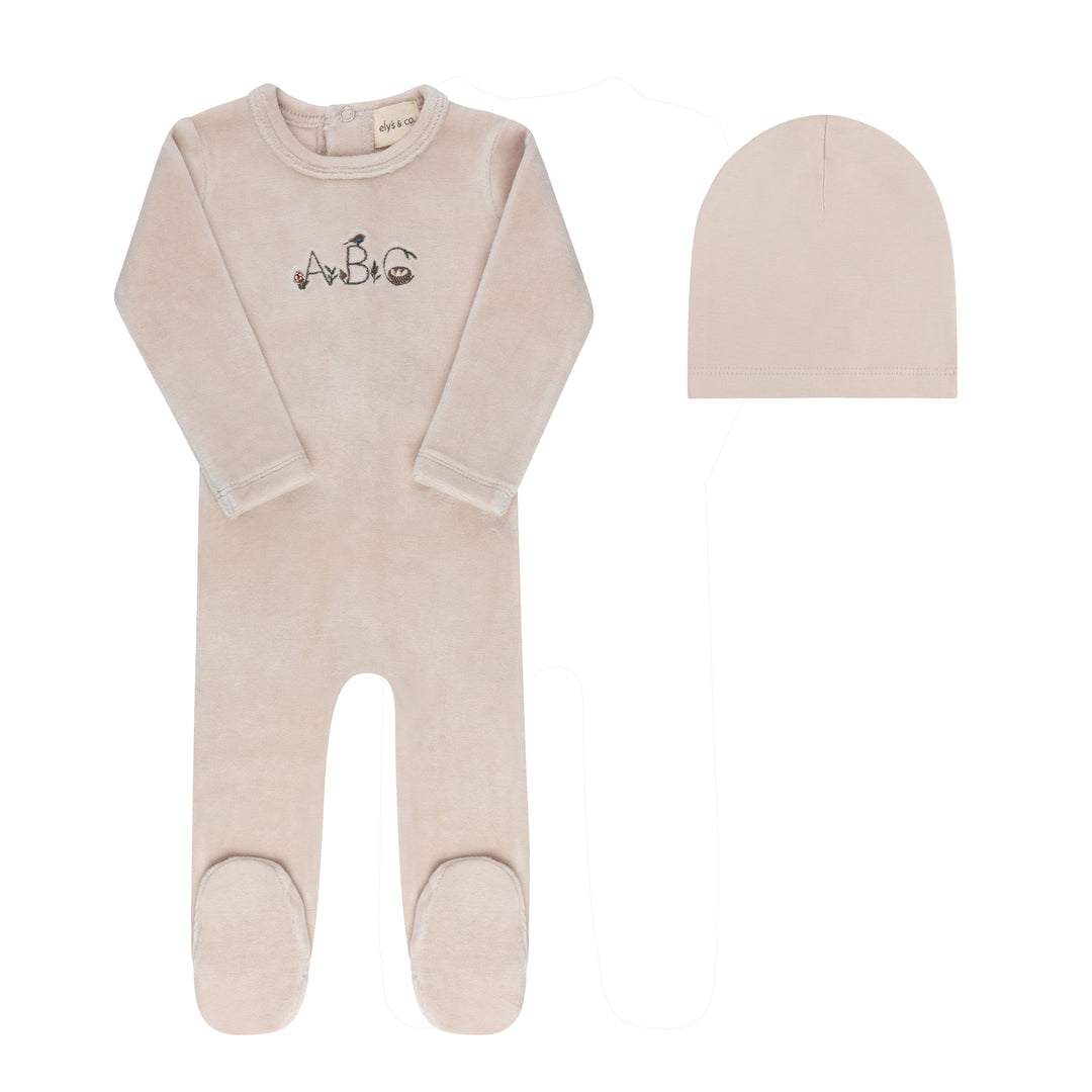 footie velour embroidered abc with beanie - tan