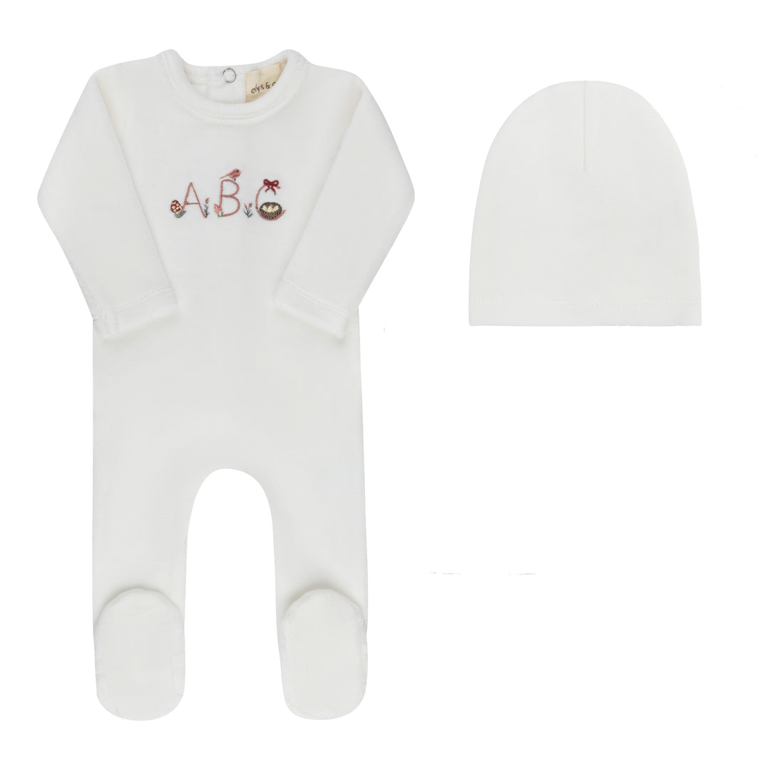 footie velour embroidered abc with beanie - ivory girl