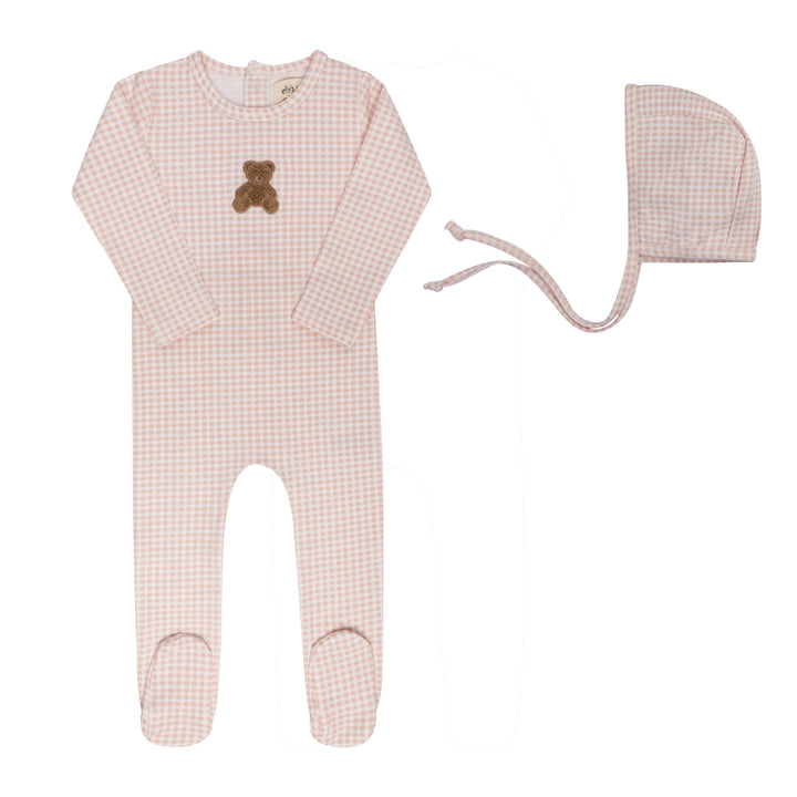 footie gingham sherpa teddy with bonnet - pink