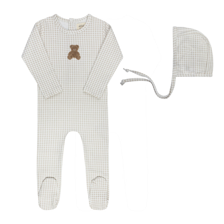 footie gingham sherpa teddy with bonnet - tan