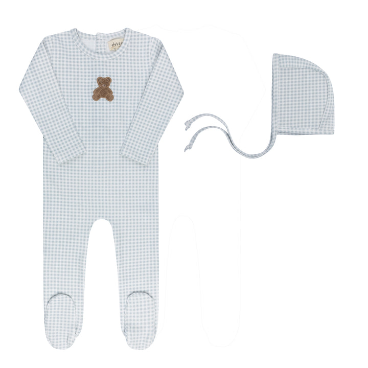 footie gingham sherpa teddy with bonnet - blue