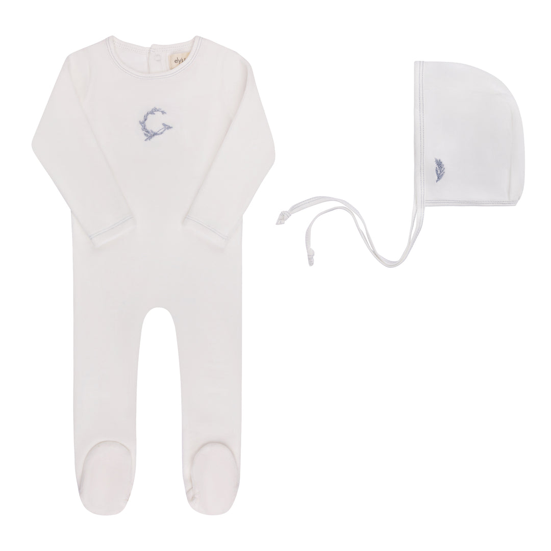 footie velour metallic wreath with bonnet - ivory boy