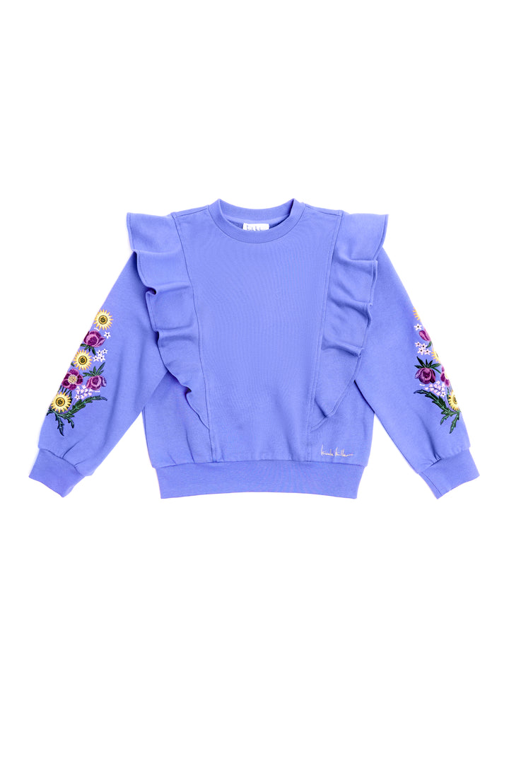 top l/s sweat frill side floral embroidery - purple