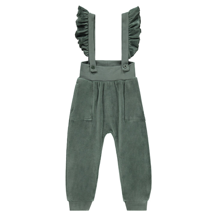 one piece velour ruffle overalls - sage